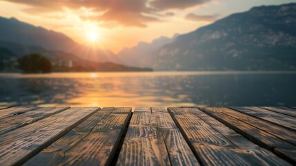 Empty wooden table top with blurred background of mountains Lake at sunset, thin fog