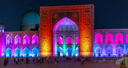 Registan square at night in Samarkand, Uzbekistan.