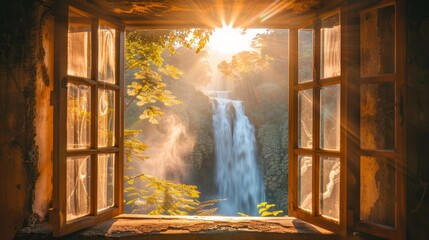 Image of opening a window to view the waterfall at sunrise and thin fog.