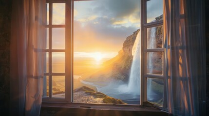 Image of opening a window to view the waterfall at sunrise and thin fog.