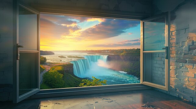 Image of opening a window to view the waterfall at sunrise and thin fog.