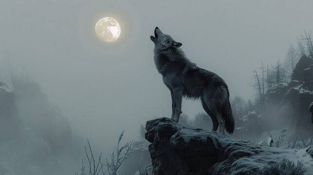 Wolf Howling at Full Moon in Snowy Landscape