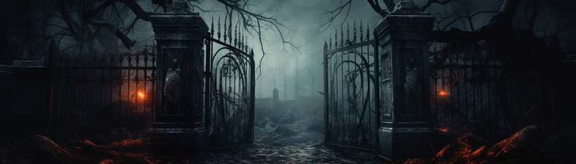 A view through the rusty iron gates of a dark cemetery - obrazy, fototapety, plakaty