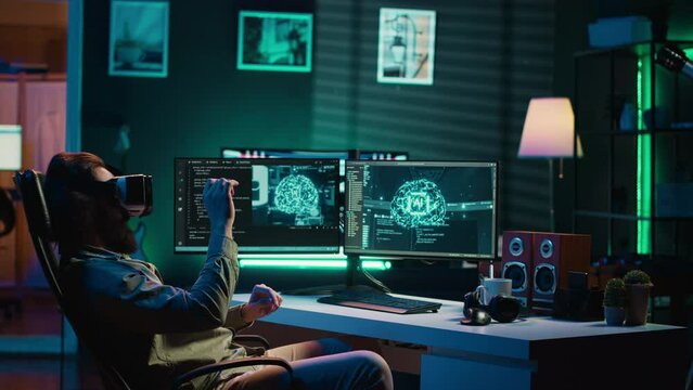 Computer scientist using VR technology to make AI become sentient, happily celebrating after it becomes self aware and asks existential questions, ecstatic after achieving AI singularity, camera A