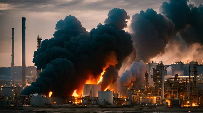 Massive Blaze Engulfs Oil Refinery in Explosive Inferno, Dark Smoke Billows