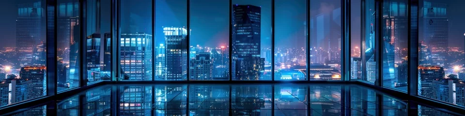 Fotobehang Skyscrapers with empty rooms seen through glass and big city view. Beautiful buildings at night. © somchai20162516