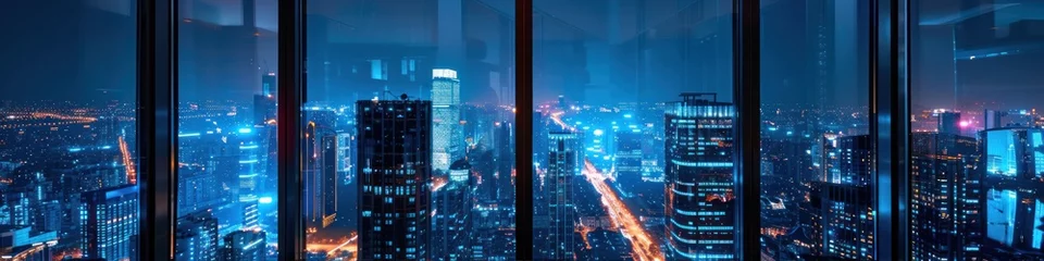Crédence de cuisine en verre imprimé Pékin Skyscrapers with empty rooms seen through glass and big city view. Beautiful buildings at night.