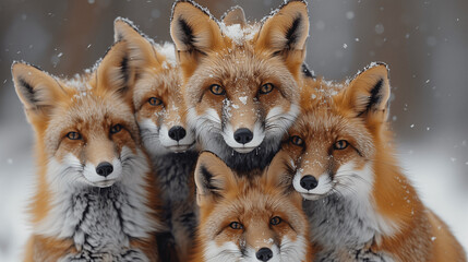 Group of Red Foxes in Snowfall