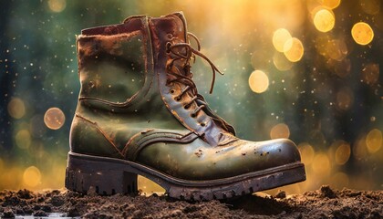 Vintage Army boots with Bokeh Blurry Background