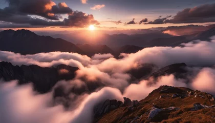 Afwasbaar Fotobehang Mistige ochtendstond  Epic sunrise over majestic mountains and clouds