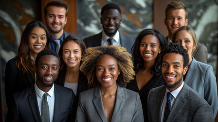 A group of people fully dressed in business attire smiling towards the camera