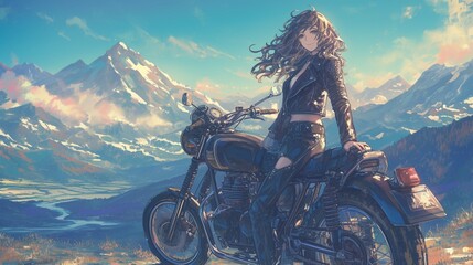 少女とバイク、山の風景6 - obrazy, fototapety, plakaty