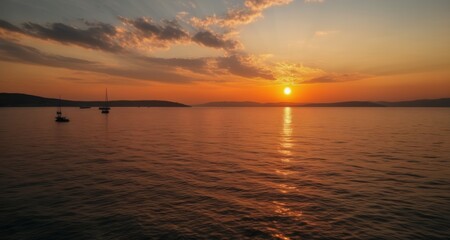 Naklejka na ściany i meble Sunsets and sailboats, a serene evening at sea