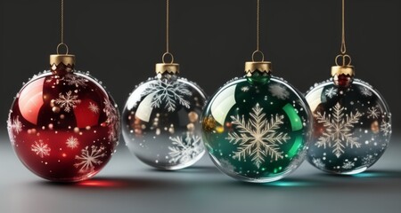 Obraz premium Six festive Christmas ornaments, each with a unique snowflake design, hanging from gold strings against a dark background