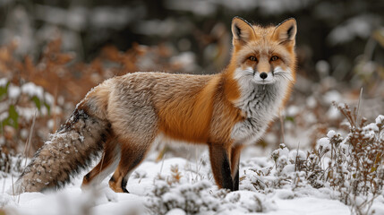 Naklejka na ściany i meble Red Fox in Snowy Forest Habitat