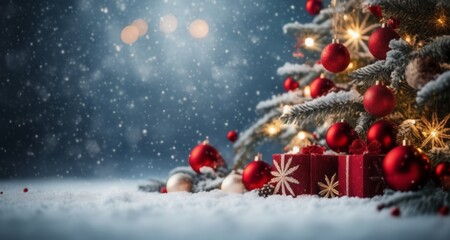 Fototapeta na wymiar Merry Christmas - A festive scene with a beautifully decorated tree and presents under a snowy sky