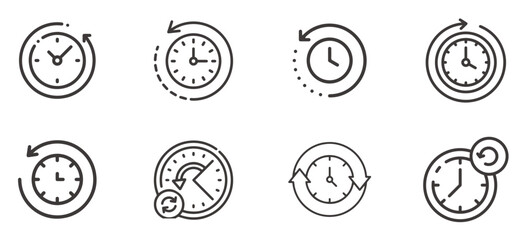 Time in reverse icons set. Back and return symbol. Clock sign with arrow. Vector illustration in outline style. Back in time