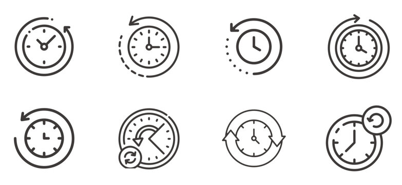 Time in reverse icons set. Back and return symbol. Clock sign with arrow. Vector illustration in outline style. Back in time