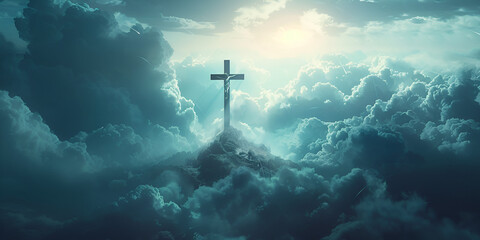 Good friday ash wednesday cross god Christian cross appears bright in the sky.AI Generative