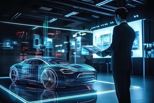 Auto engineer next to a holographic model of a car. Innovative technologies in the development of car design. Auto engineer uses holographic model to craft visually stunning cars.