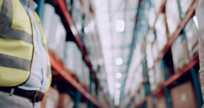 People, handshake and warehouse logistics agreement deal in factory for b2b manufacturing, supply chain or ecommerce. Coworkers, teamwork and courier distribution for onboarding, inventory or meeting