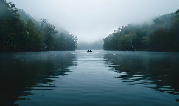 foggy sky in the middle of the picture and a boat in the middle of the water, Generative AI 