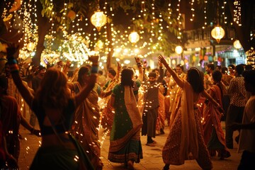 Fototapeta na wymiar Graceful dancers in traditional Indian attire celebrate with festive lanterns in a brightly lit night environment.