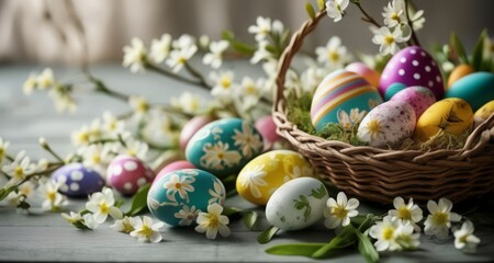 Fototapeta na wymiar Easter joy in a basket of colorful eggs and flowers