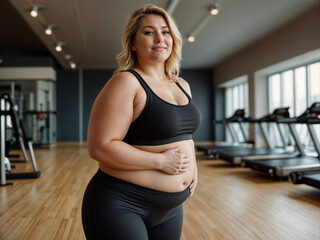 a chubby woman with blonde hair and wearing a black sports bra and leggings stands in a gym smiling and holding her stomach to start exercising. concept of body positive, self-acceptance, weight loss.