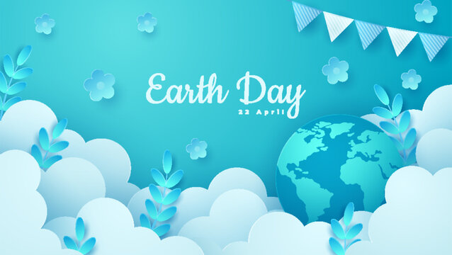 Earth Day banner or poster with paper cut clouds on blue sky. Background with leaves and globe. Vector illustration.