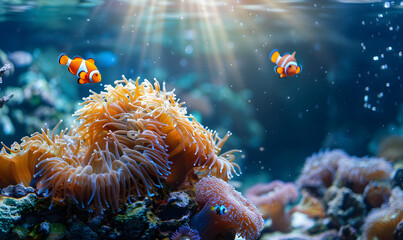 Naklejka na ściany i meble clown fish swimming over a coral covered in sea anemones in a sea anemone aquarium, Generative AI 