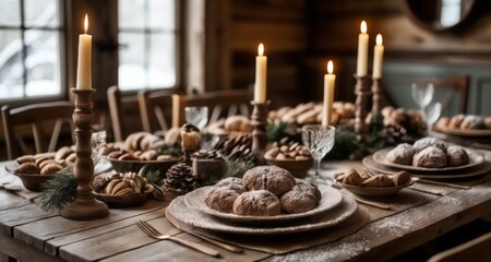Fototapeta na wymiar Cozy Christmas feast setting with warm candlelight and festive treats
