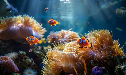 clown fish swimming over a coral covered in sea anemones in a sea anemone aquarium, Generative AI 