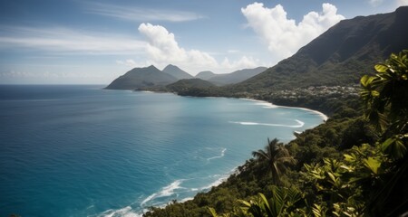 Obraz premium Escape to Paradise - A serene tropical beach with lush mountains in the background