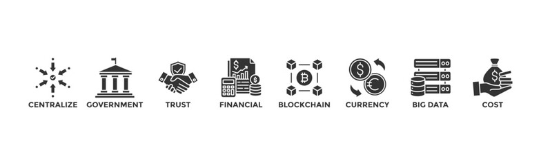 CBDC banner web icon vector illustration concept of central bank digital currency with icons of centralize, government, trust, financial, blockchain, currency, big data and cost