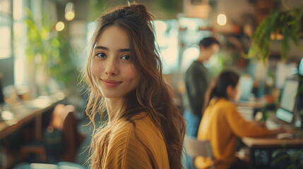 A beautiful, young, and happy professional woman enjoys collaborating with her team in an innovative tech startup environment surrounded by computers, gadgets, and lush plants.