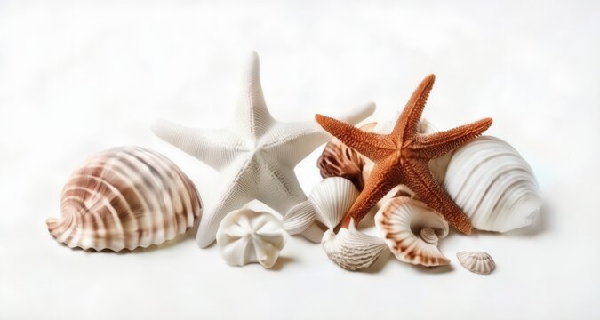  Sea-themed decor - Starfish and seashells on a white background
