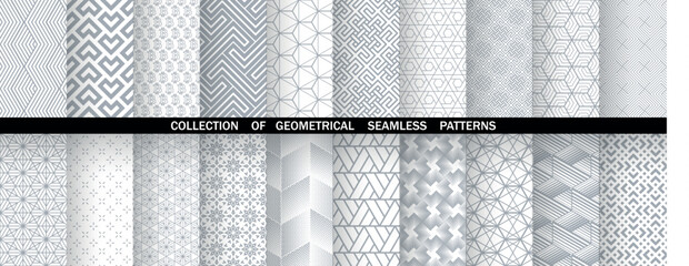 Geometric set of seamless gray and white patterns. Simple vector graphics.