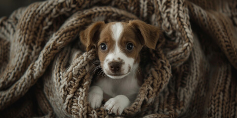 puppy sitting inside of a knitted blanket, generative AI