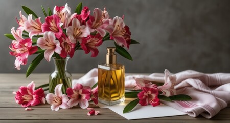 Obraz na płótnie Canvas Elegance in Bloom - A touch of luxury with a bouquet of flowers and a golden perfume bottle