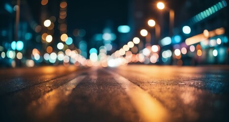  Illuminated city street at night, with blurred lights and reflections on wet pavement - obrazy, fototapety, plakaty