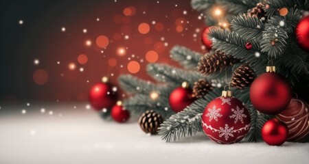 Fototapeta na wymiar Joyful Christmas tree with red ornaments and pine cones