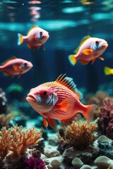 Naklejka na ściany i meble Vibrant Underwater World - Colorful Fish Swimming Among Beautiful Coral Reefs
