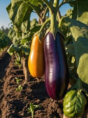 Close-Up of Ripe Eggplants on a Plant
