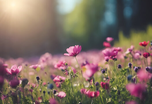 Serene meadow with vibrant pink wildflowers basking in soft sunlight, conveying a tranquil, natural atmosphere.