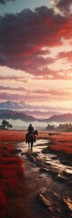 Obraz premium Sunset Journey - A Lone Rider Amidst Majestic Mountains and Fiery Skies