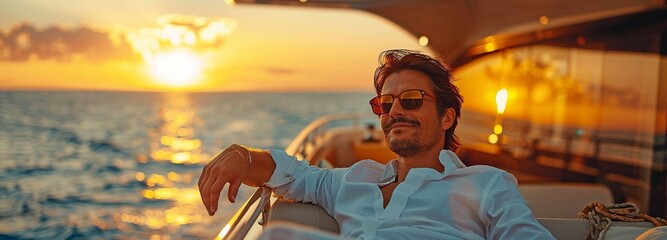 a picture of a contented, wealthy young man relaxing at dusk on a boat - obrazy, fototapety, plakaty