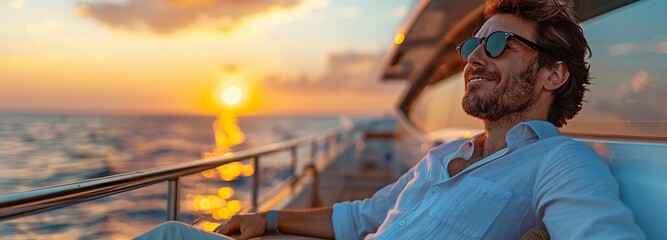 a picture of a contented, wealthy young man relaxing at dusk on a boat
