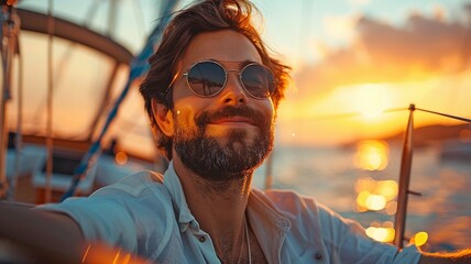 a picture of a contented, wealthy young man relaxing at dusk on a boat - obrazy, fototapety, plakaty