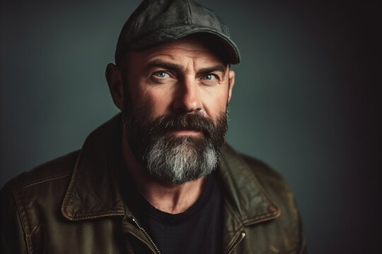 Portrait of a bearded man in a cap and leather jacket.